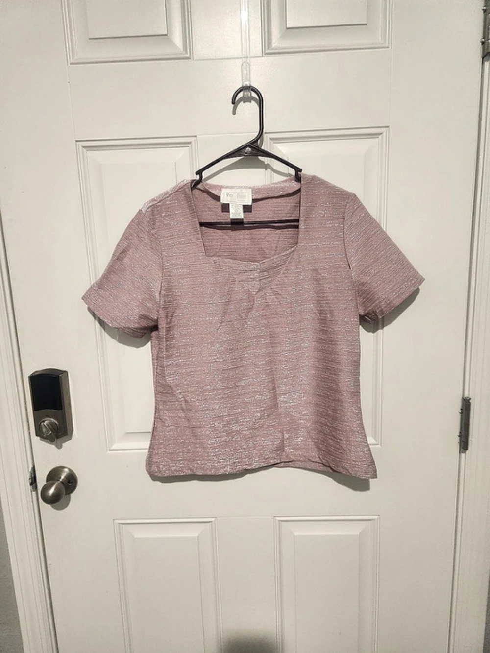 Vue Point Women's Pink Metallic Knit Square Neck Short Sleeve Glitter Top Size L